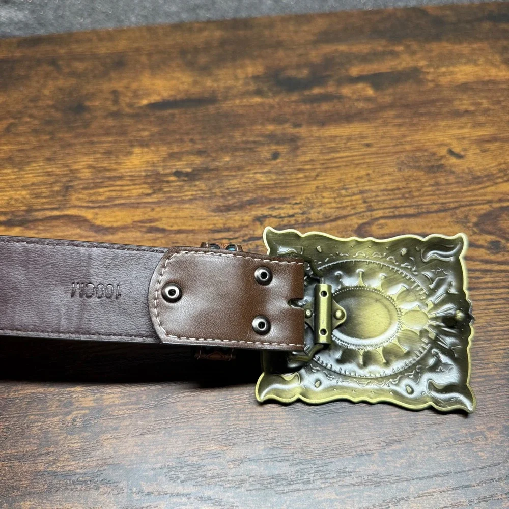 Western Faux Leather Belt Turquoise Tooled Floral Buckle 100cm Brown Boho